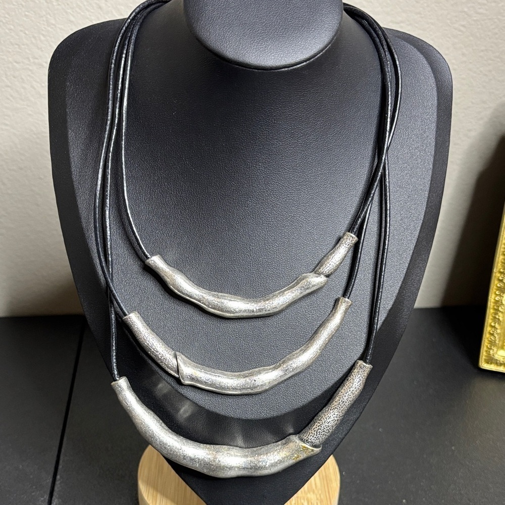 Statement Layered Black Leather Silver Tone Necklace